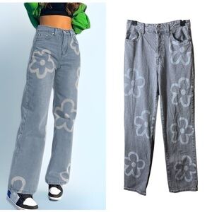 Y2K S.O.N.G 90s Boyfriend Jean Daisy Gray 7/28 Hidden Button Fly Hippie Baggy